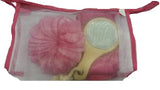 Travel kit toiletry bag + washcloth + wooden mirror + Fuchsia hair band